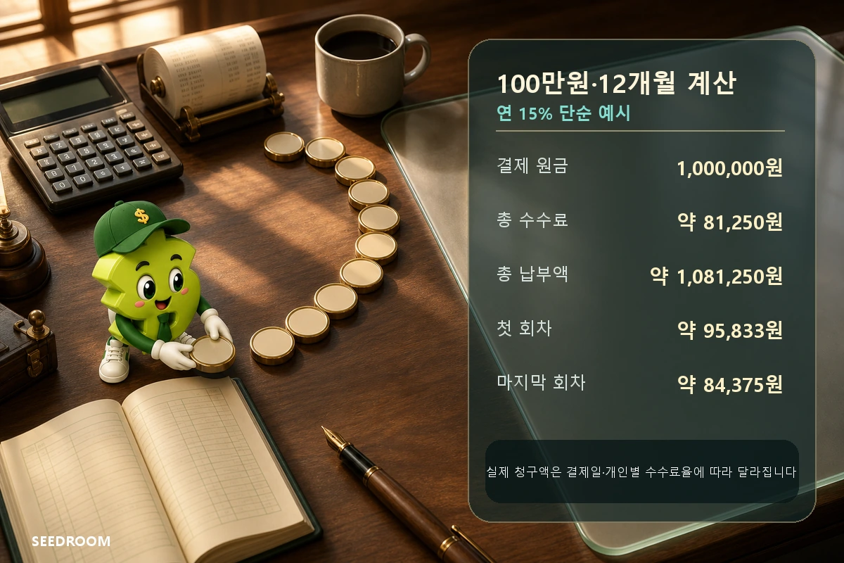 신용카드 100만원 12개월 연 15퍼센트 할부 수수료 계산 사례