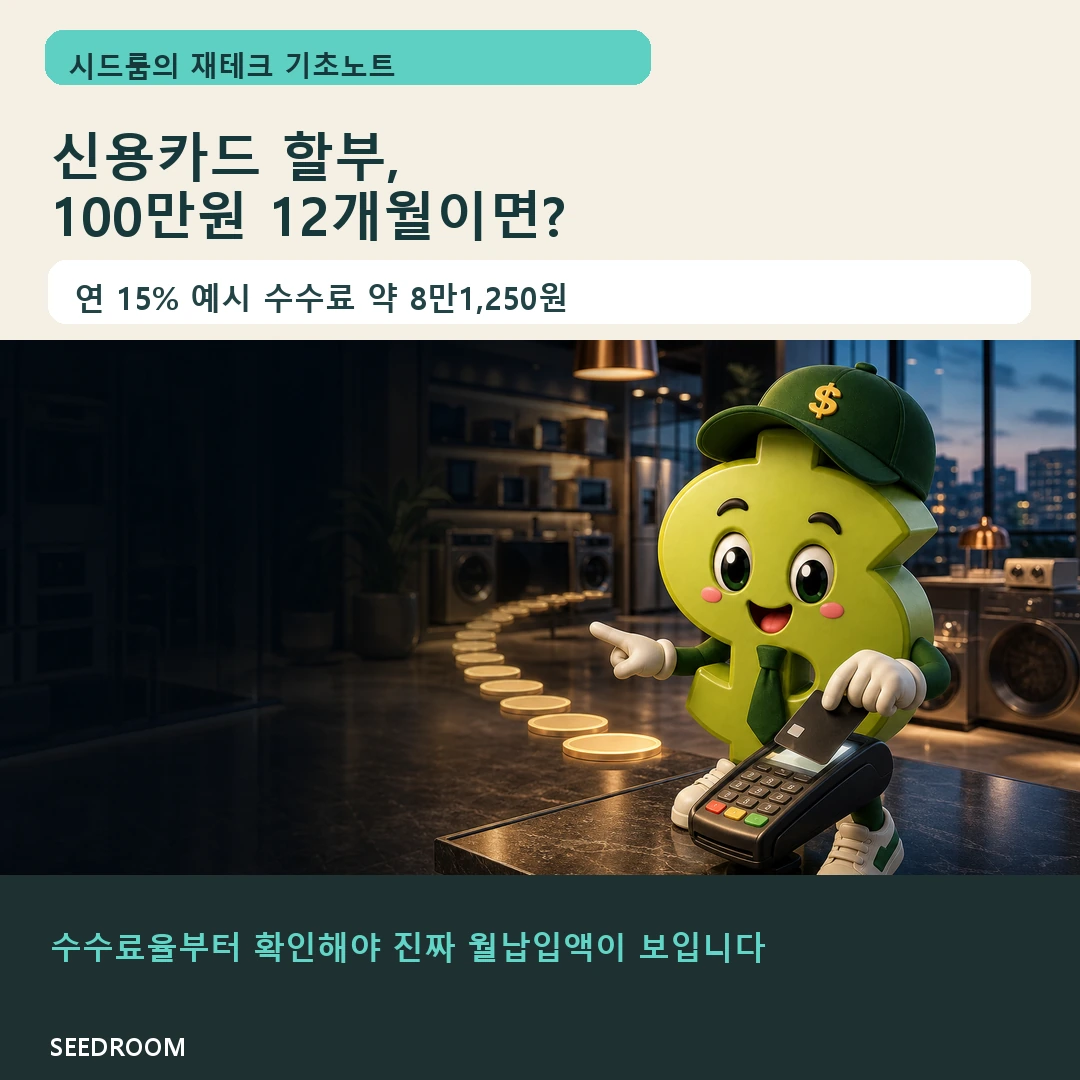 신용카드 할부 100만원 12개월 수수료를 계산하는 시드룸 캐릭터