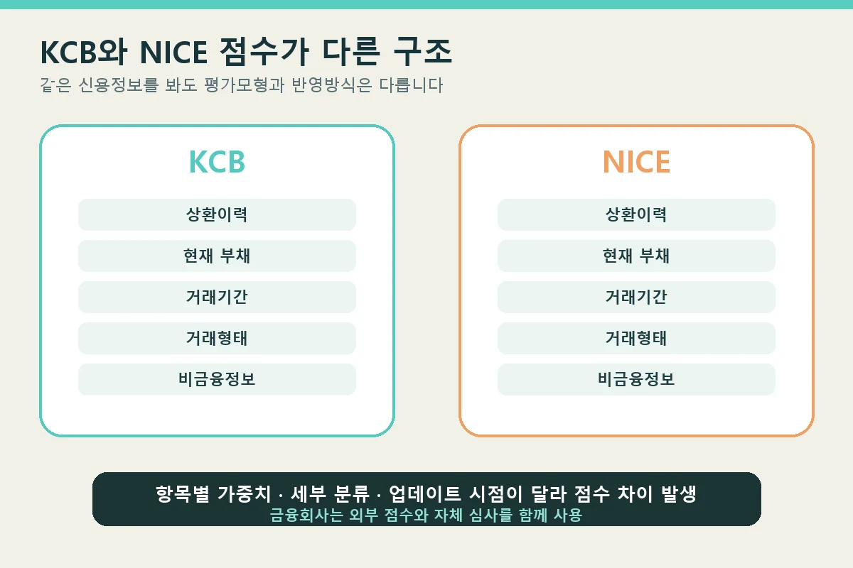 KCB와 NICE 신용점수 평가 항목 비교