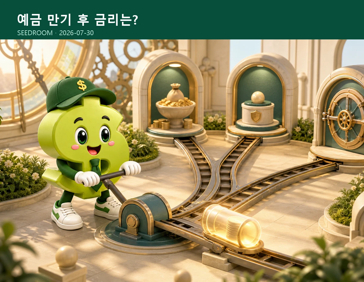정기예금 만기와 자동재예치를 비교하는 달러 몸통 시드룸 캐릭터