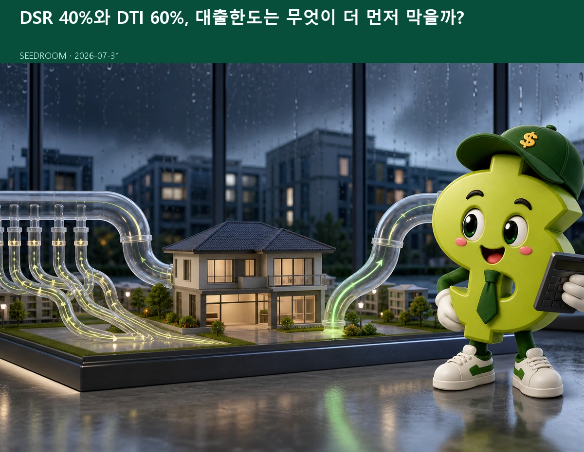 DSR와 DTI의 대출 상환경로를 비교하는 시드룸 캐릭터