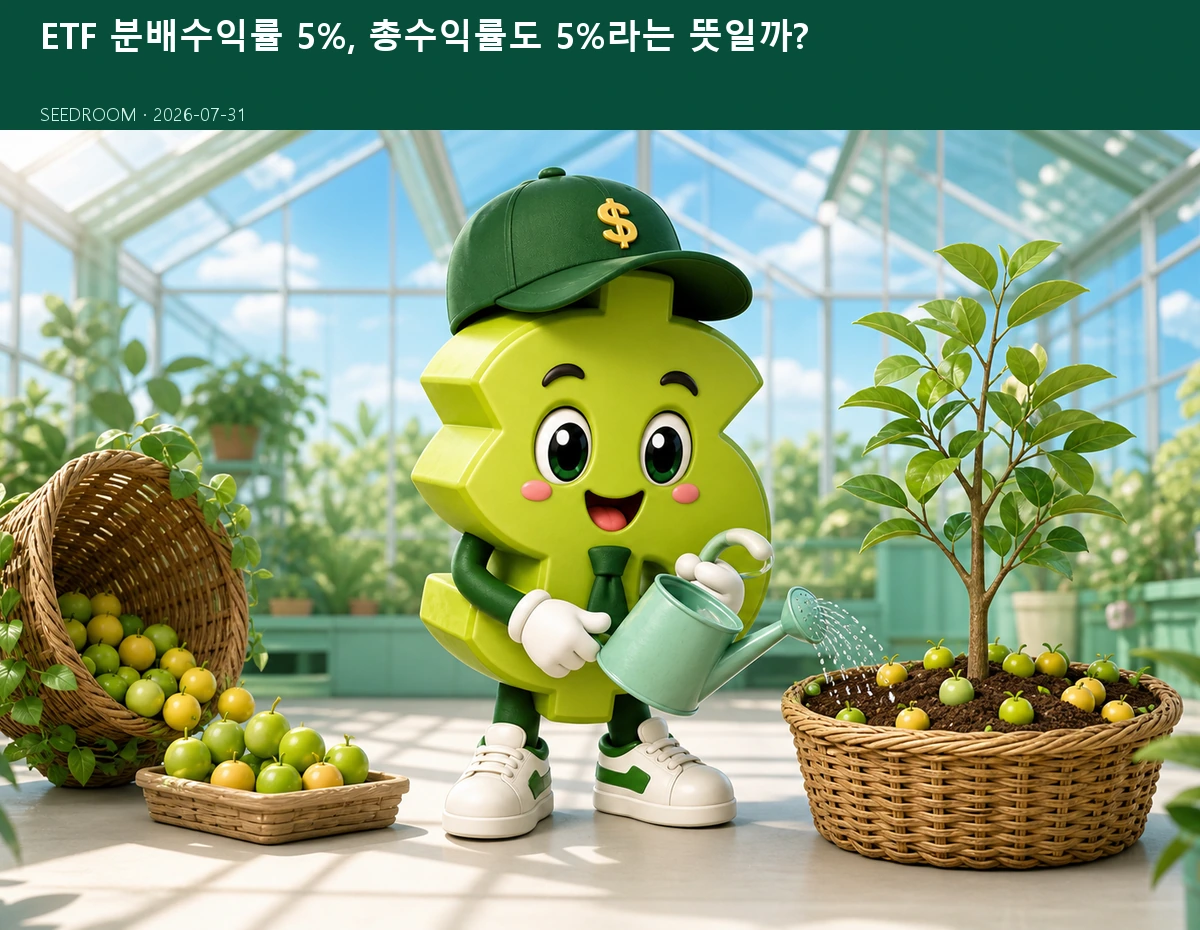 ETF 분배금과 총수익률을 식물 성장으로 비교하는 시드룸 캐릭터