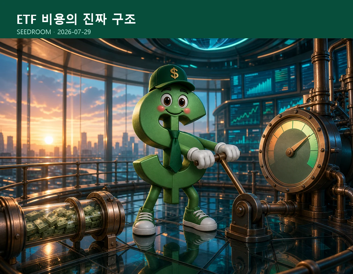 ETF 비용 관측소에서 레버를 당기는 달러 몸통 시드룸 캐릭터