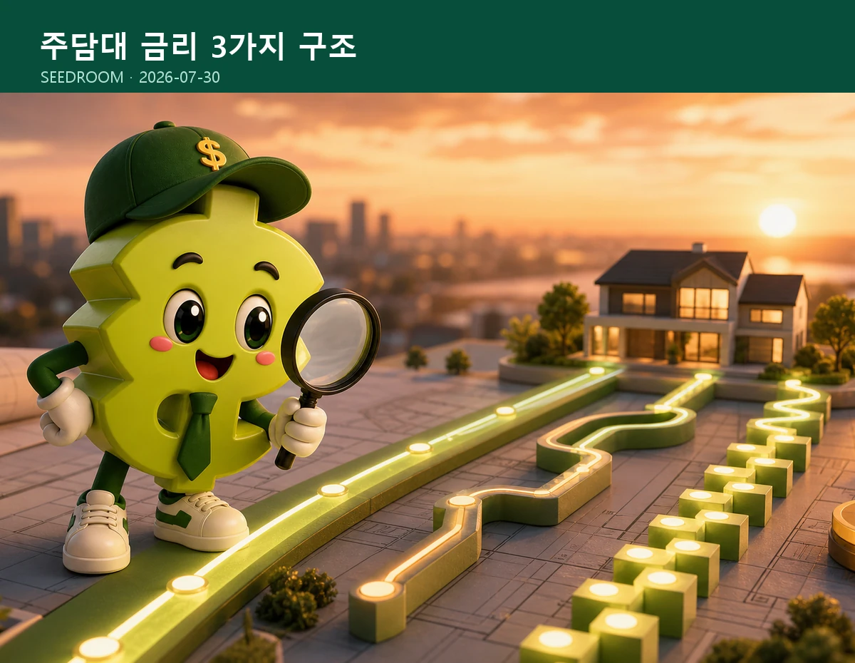 고정형 혼합형 주기형 금리를 비교하는 달러 몸통 시드룸 캐릭터