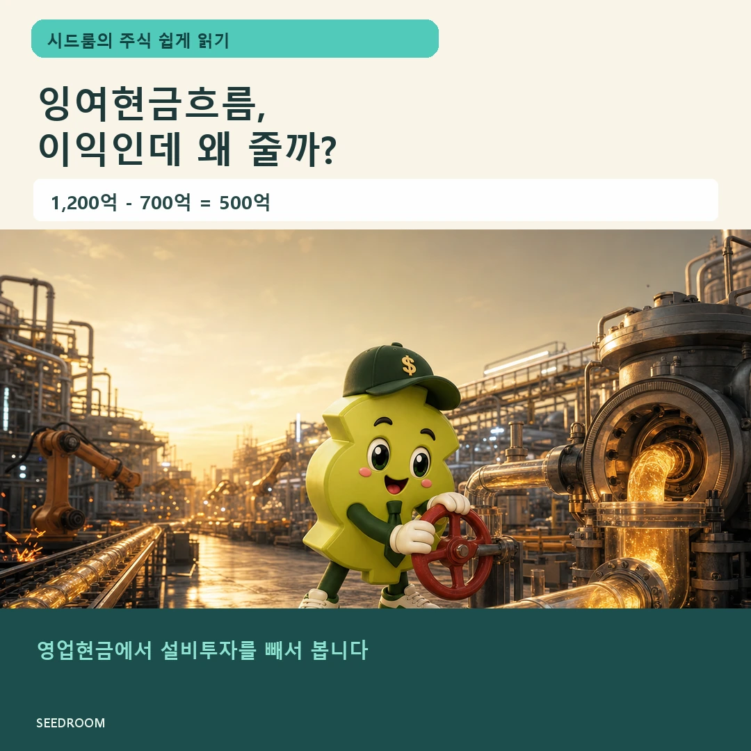 공장에서 현금 배관을 조절하는 시드룸 캐릭터와 잉여현금흐름