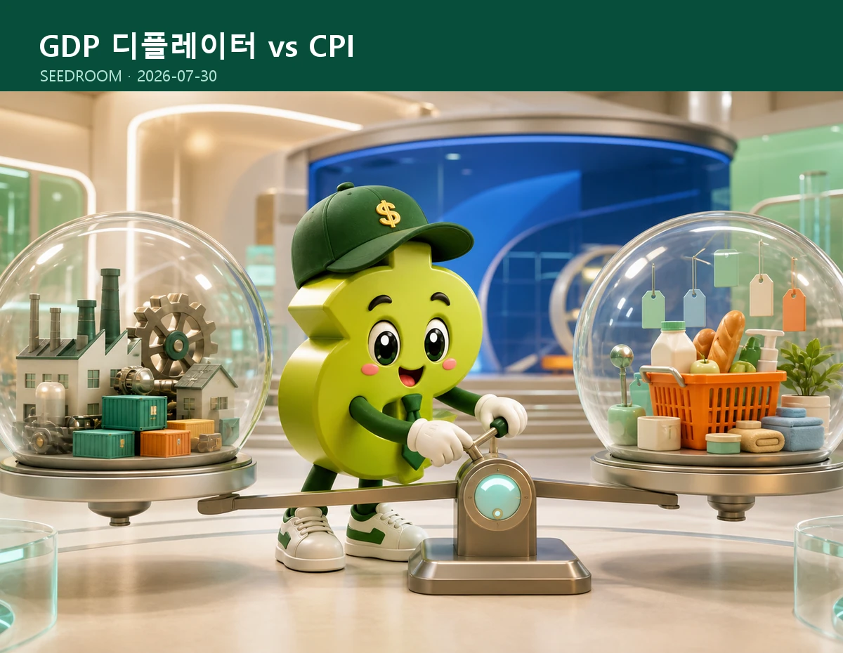 GDP 디플레이터와 소비자물가를 비교하는 달러 몸통 시드룸 캐릭터