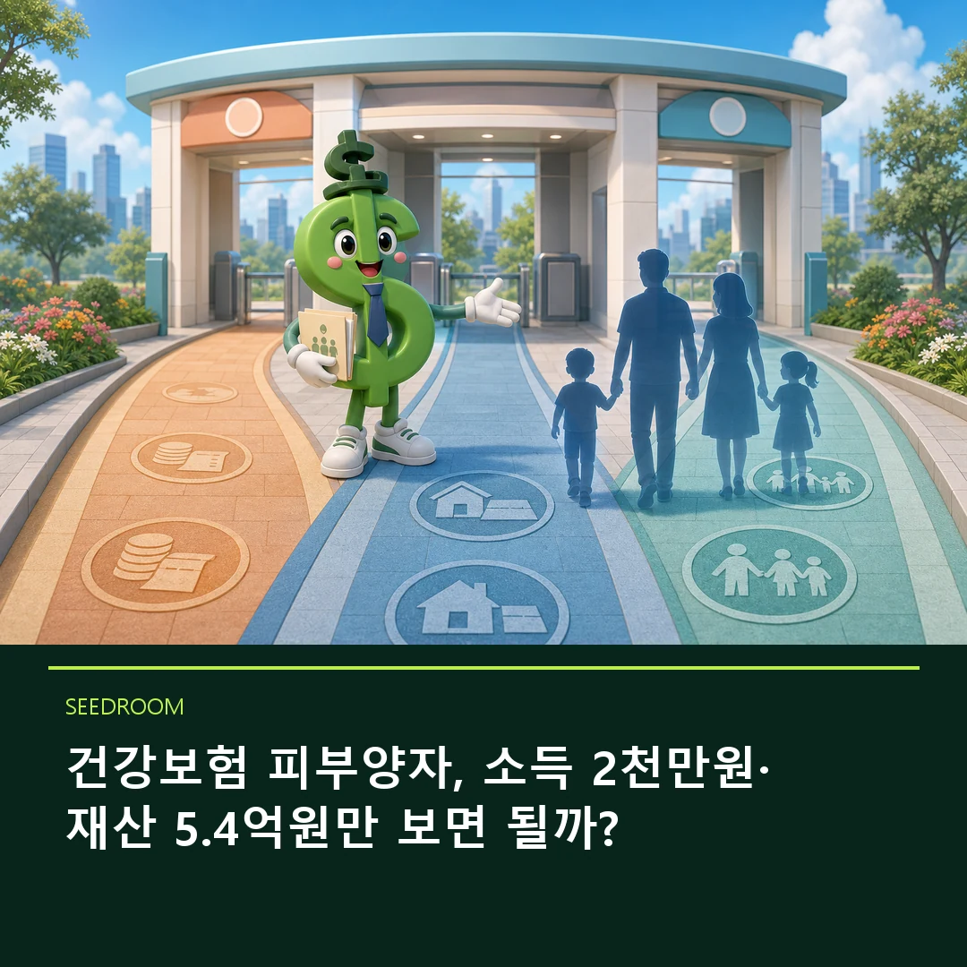 건강보험 자격 관문에서 가족 서류를 안내하는 달러 몸통 시드룸 캐릭터
