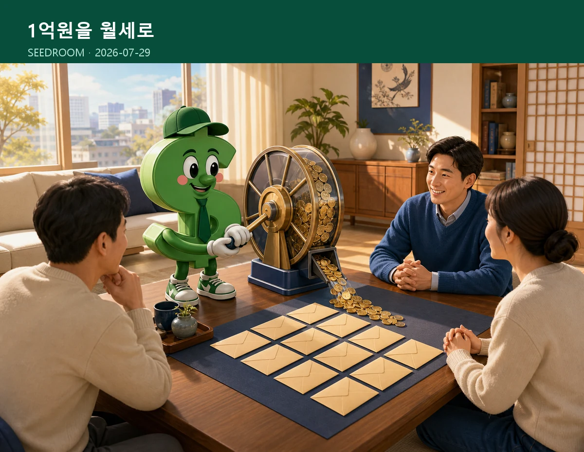 보증금이 12개월 월세 봉투로 바뀌는 변환 장면