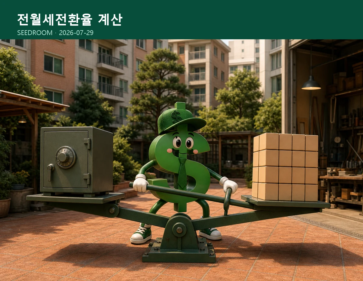 아파트 마당의 보증금 월세 시소를 조절하는 달러 몸통 시드룸 캐릭터