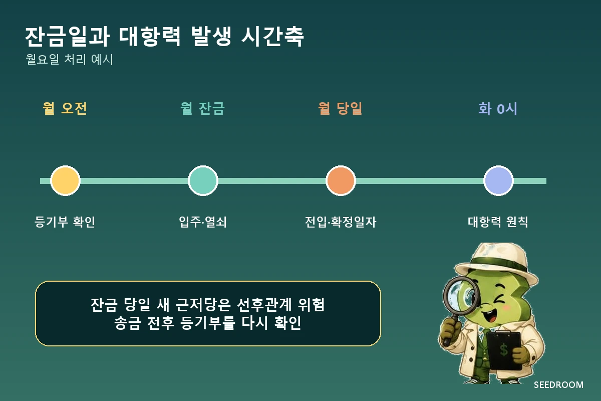 잔금 입주 전입신고 확정일자와 대항력 발생 시점을 나타낸 시간축