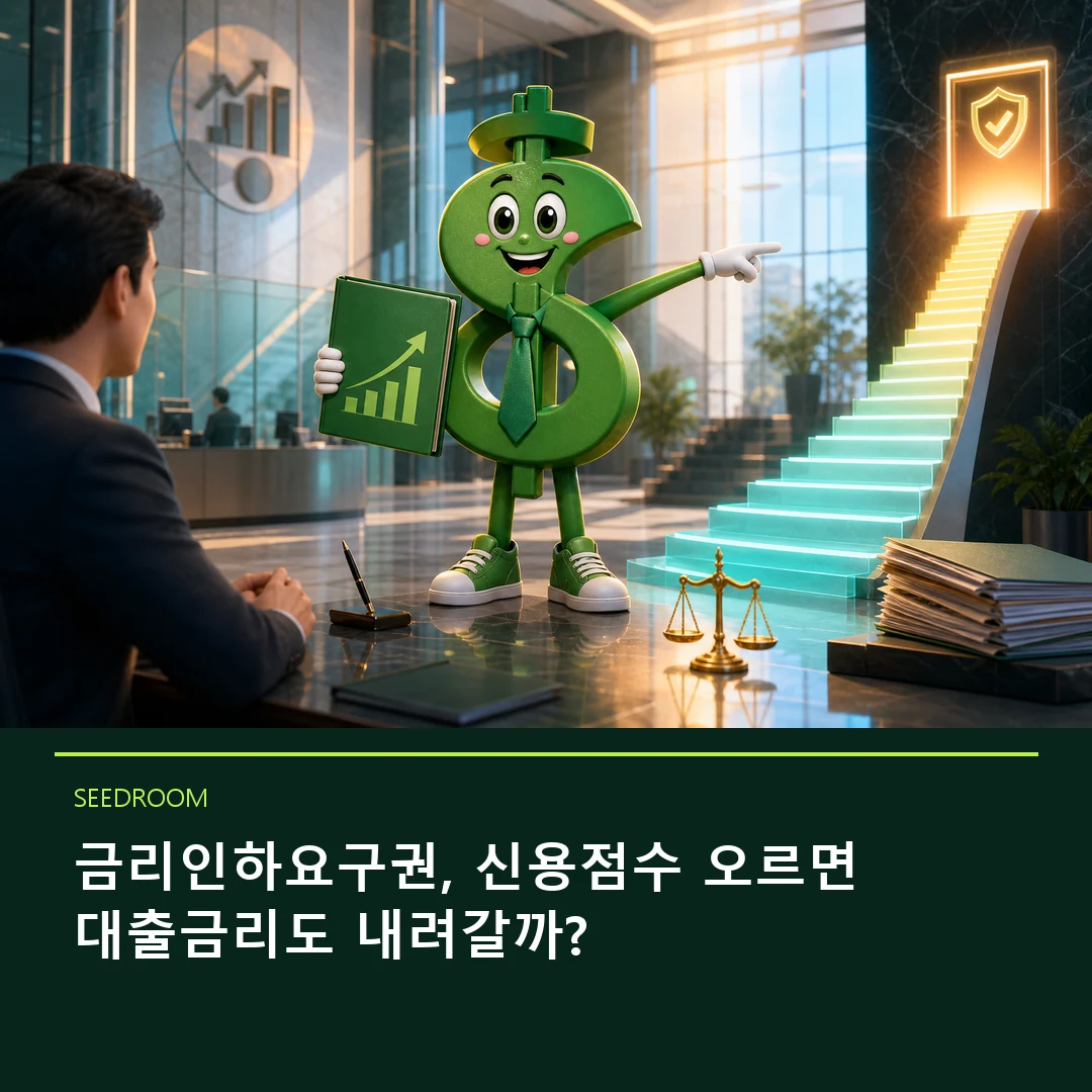 은행에서 금리인하 자료를 제시하는 달러 몸통 시드룸 캐릭터