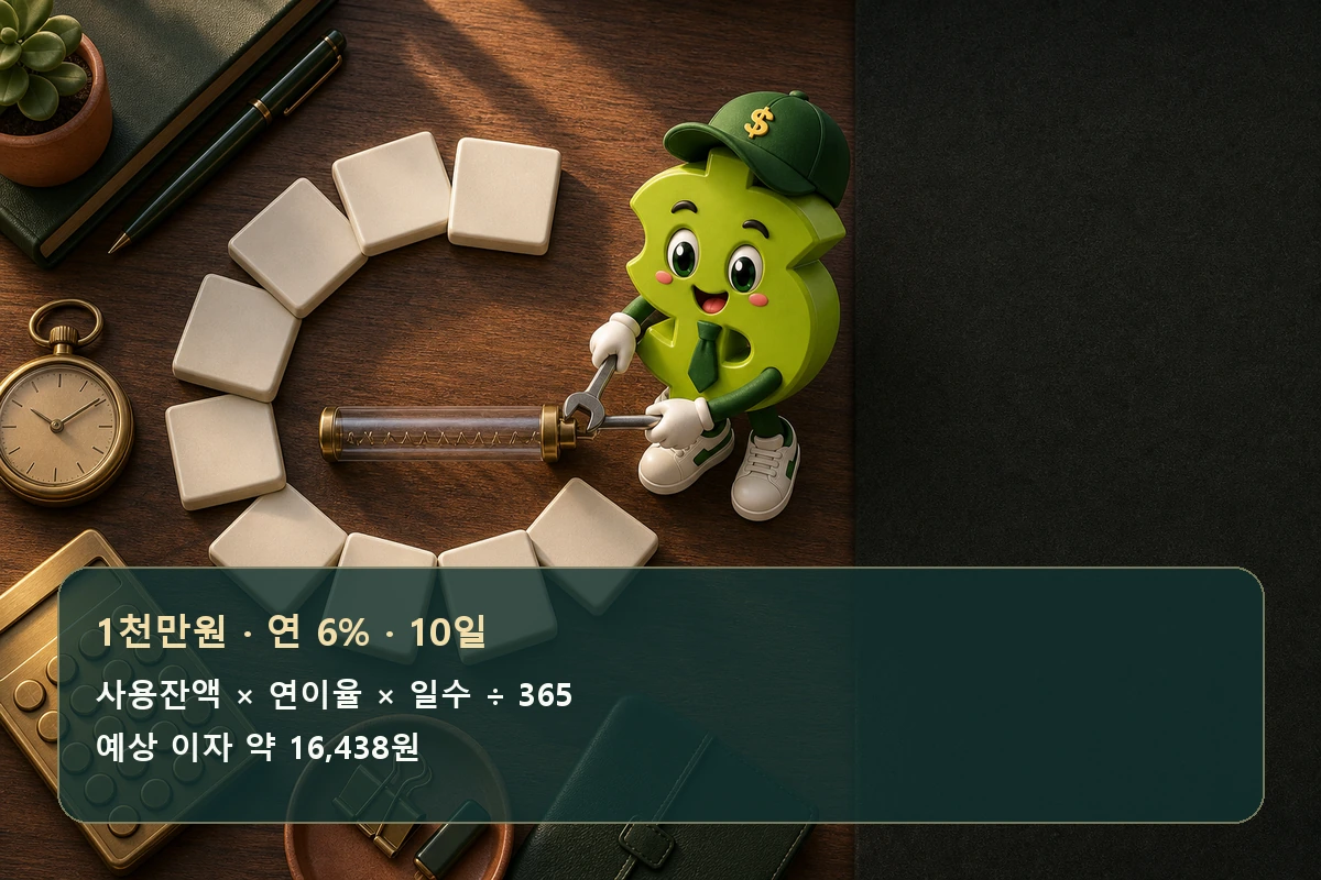 마이너스통장 1천만원 연 6퍼센트 10일 이자 계산