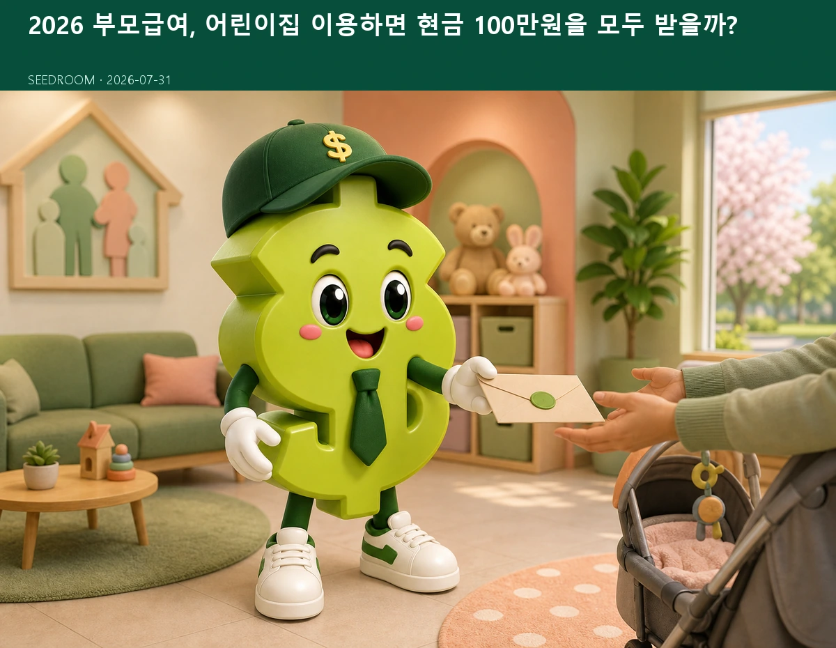 부모급여 신청과 어린이집 바우처를 안내하는 시드룸 캐릭터