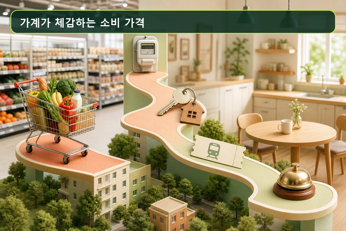 장바구니와 주거 교통 서비스를 포함한 소비 가격 장면