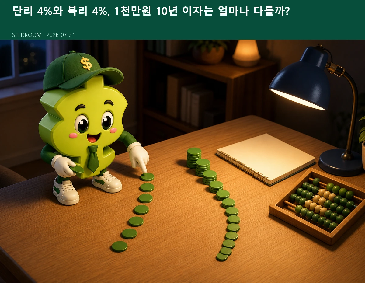 단리와 복리의 이자 누적을 비교하는 시드룸 캐릭터