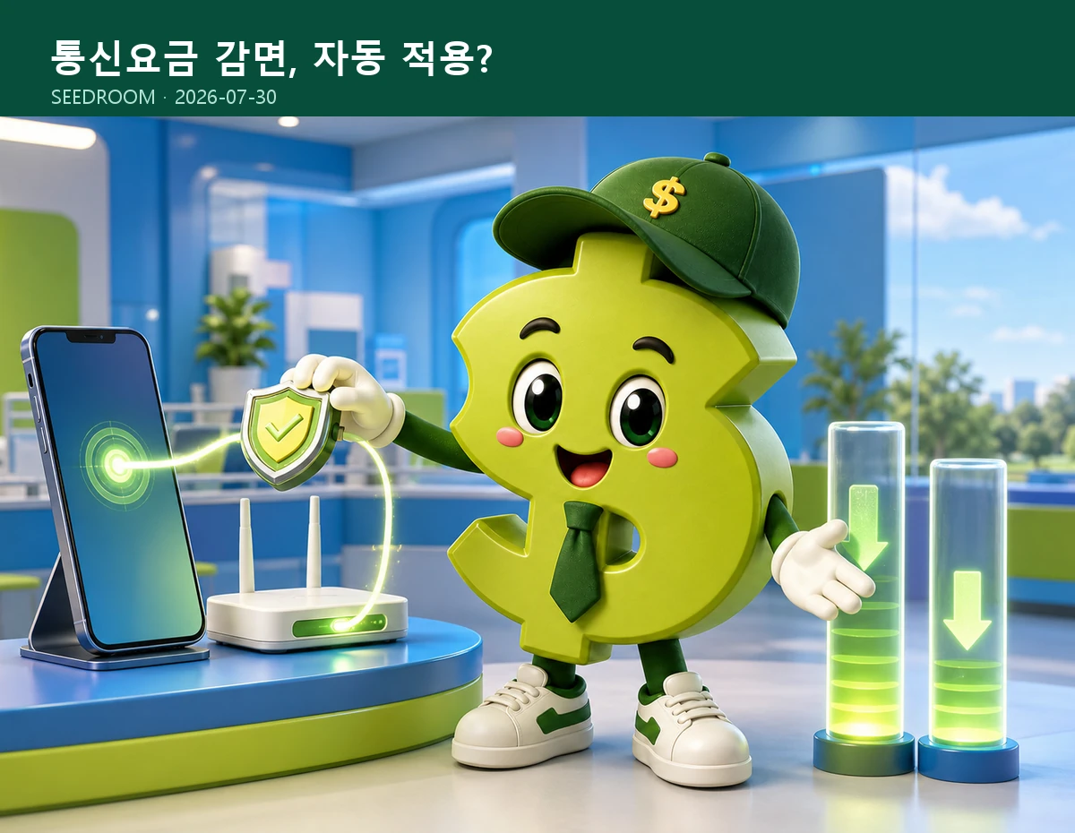 통신요금 감면 신청을 안내하는 달러 몸통 시드룸 캐릭터