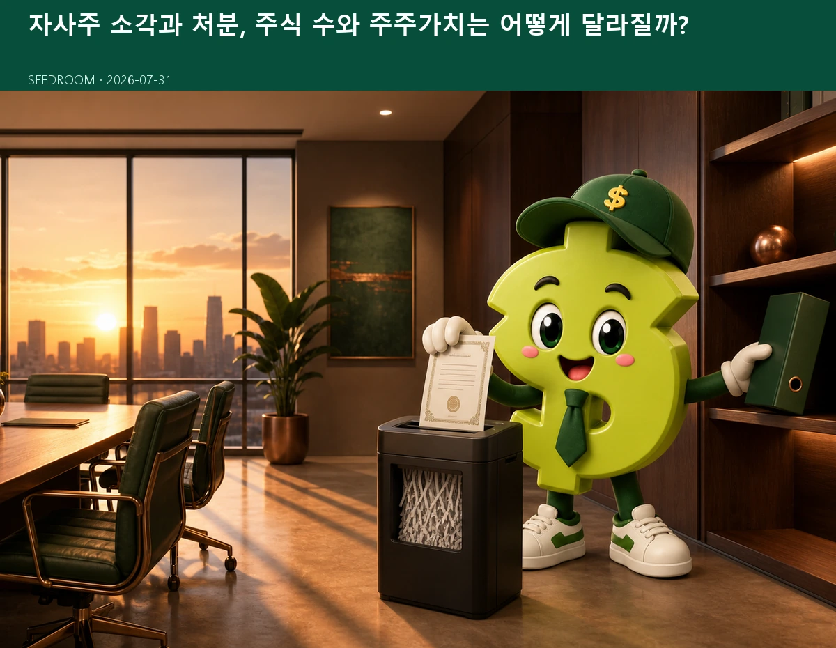 자사주 소각과 처분 절차를 비교하는 시드룸 캐릭터