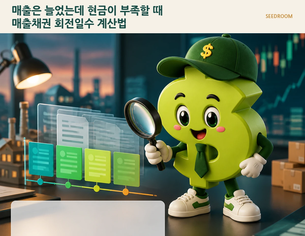 매출채권 서류와 회수일정을 점검하는 SEEDROOM 달러 캐릭터