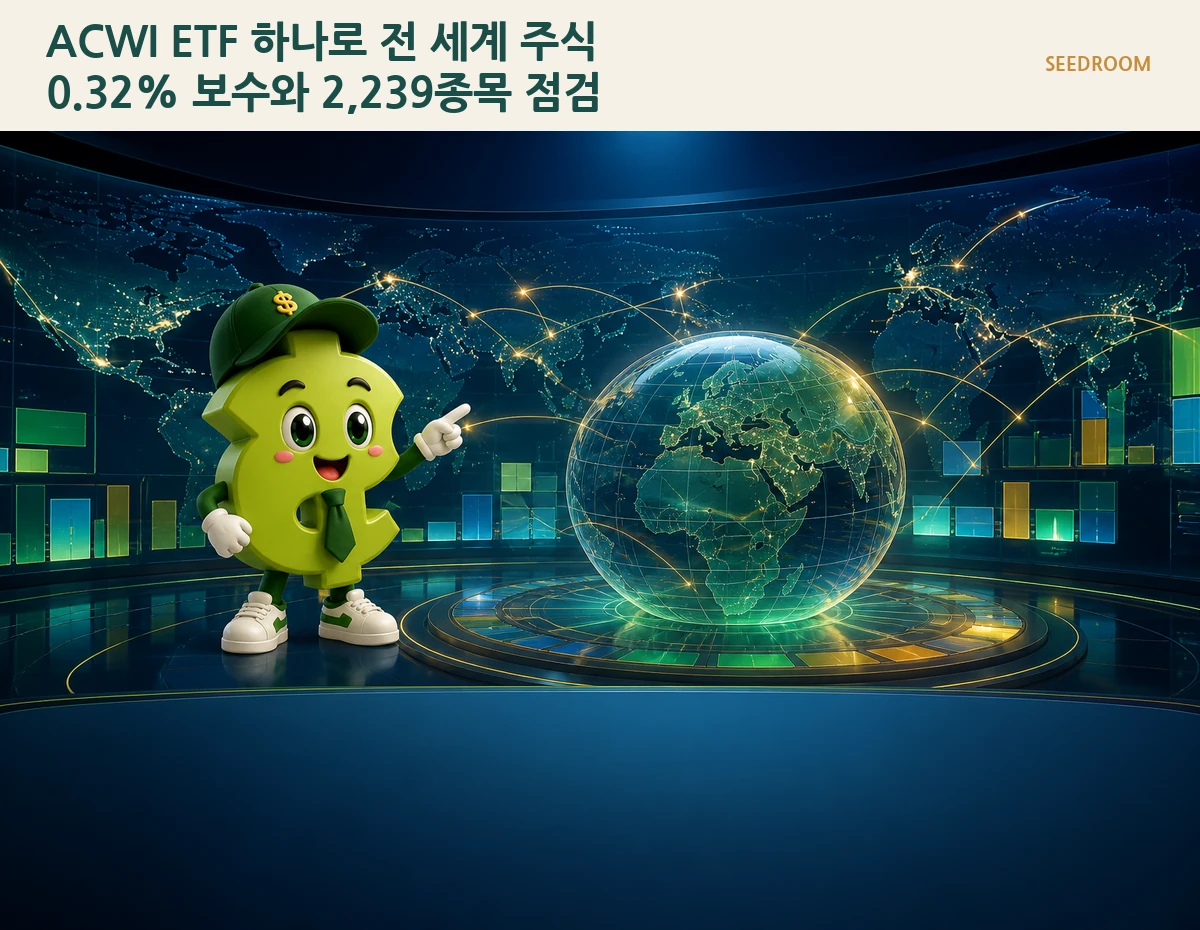 세계지도와 글로벌 자산 블록을 살펴보는 SEEDROOM 달러 캐릭터