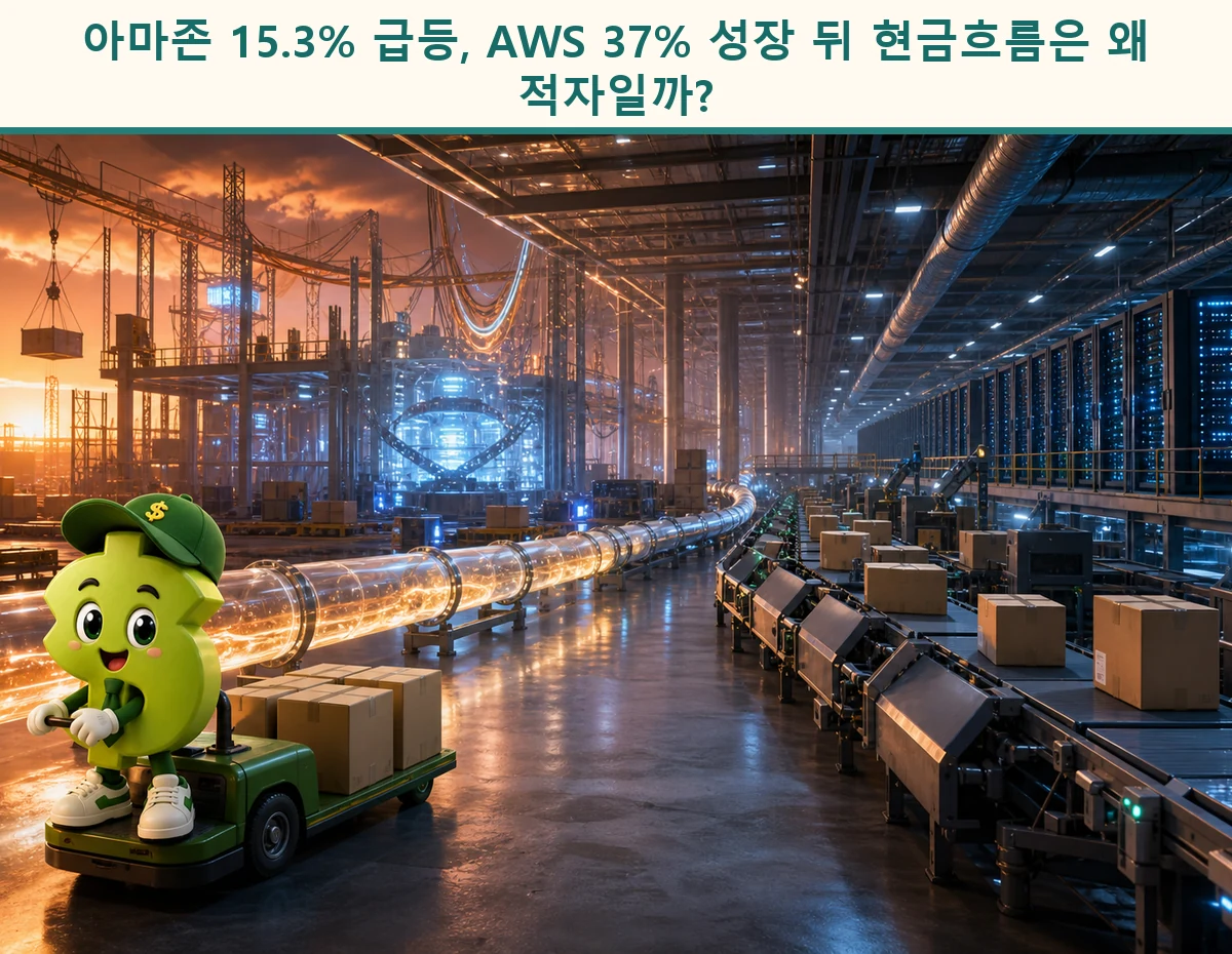 클라우드 서버와 물류 상자 사이에서 아마존 실적을 점검하는 시드룸 달러 캐릭터