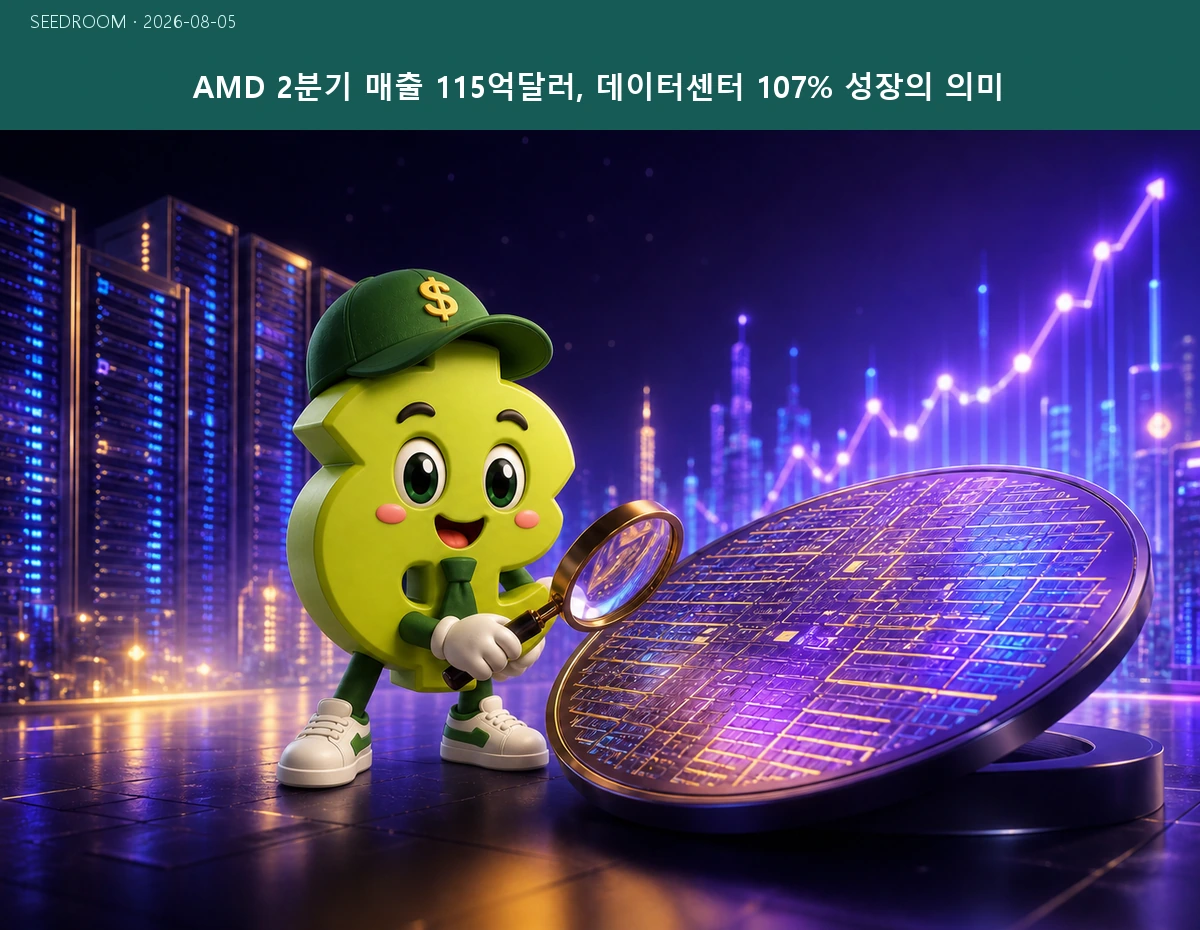 AMD 2분기 데이터센터 성장을 반도체 웨이퍼와 서버로 표현한 대표 이미지