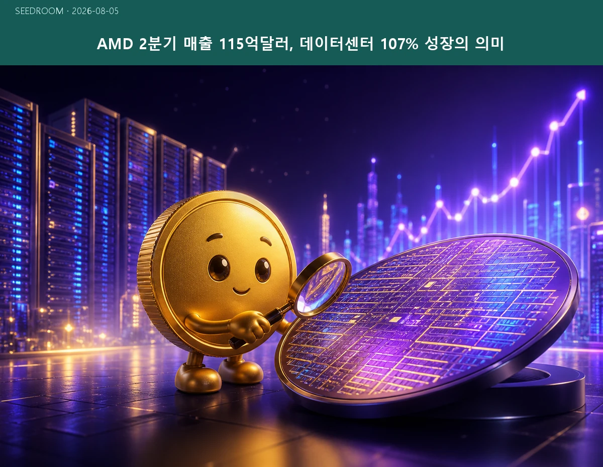 AMD 2분기 데이터센터 성장을 반도체 웨이퍼와 서버로 표현한 대표 이미지