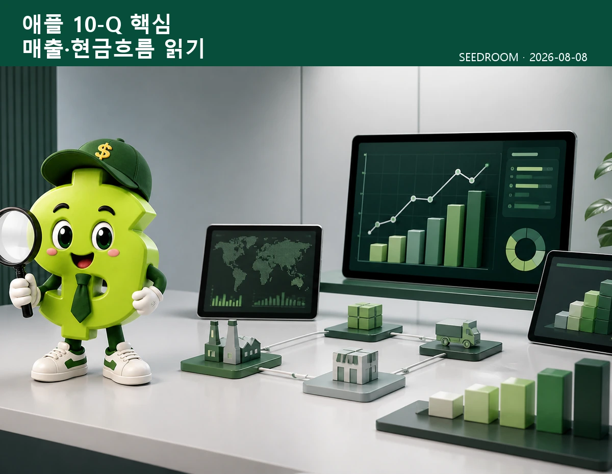 애플 10-Q 매출과 현금흐름을 분석하는 SEEDROOM 달러 캐릭터