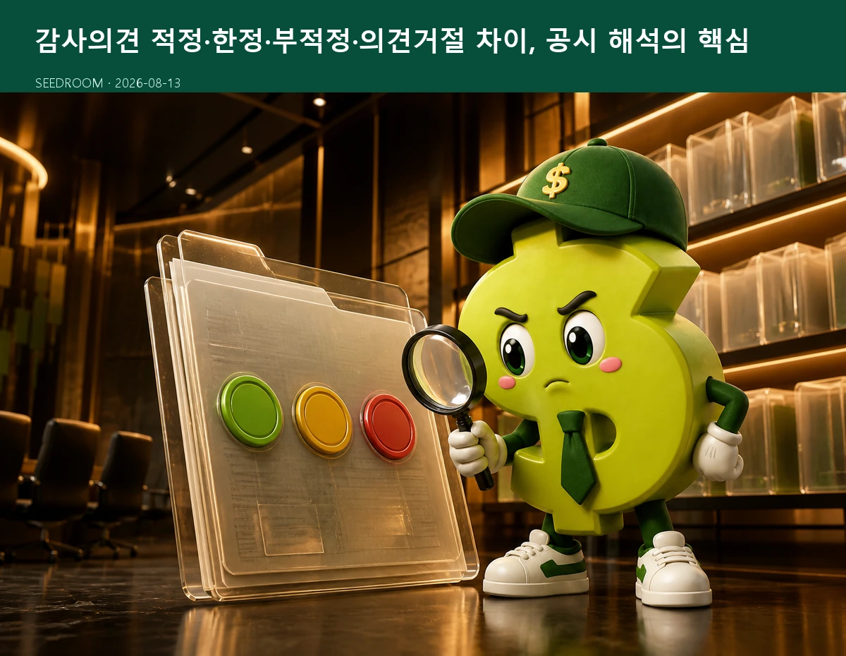 감사보고서를 점검하는 SEEDROOM 달러 캐릭터