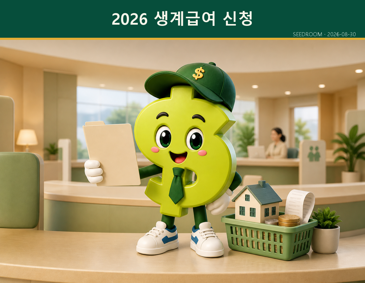 2026 생계급여 신청서와 가계 예산을 확인하는 SEEDROOM 달러 캐릭터