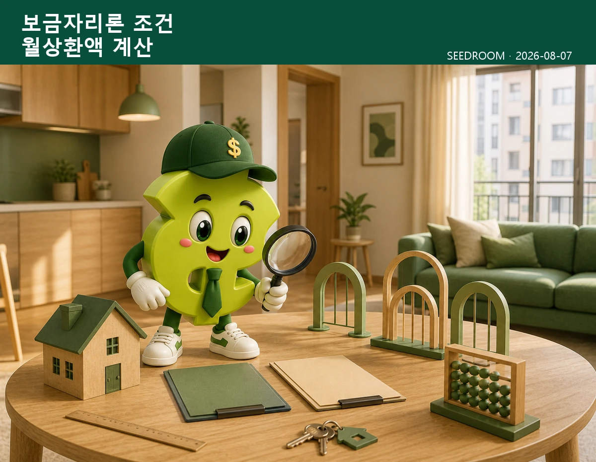 보금자리론 조건과 월상환액을 계산하는 SEEDROOM 달러 캐릭터