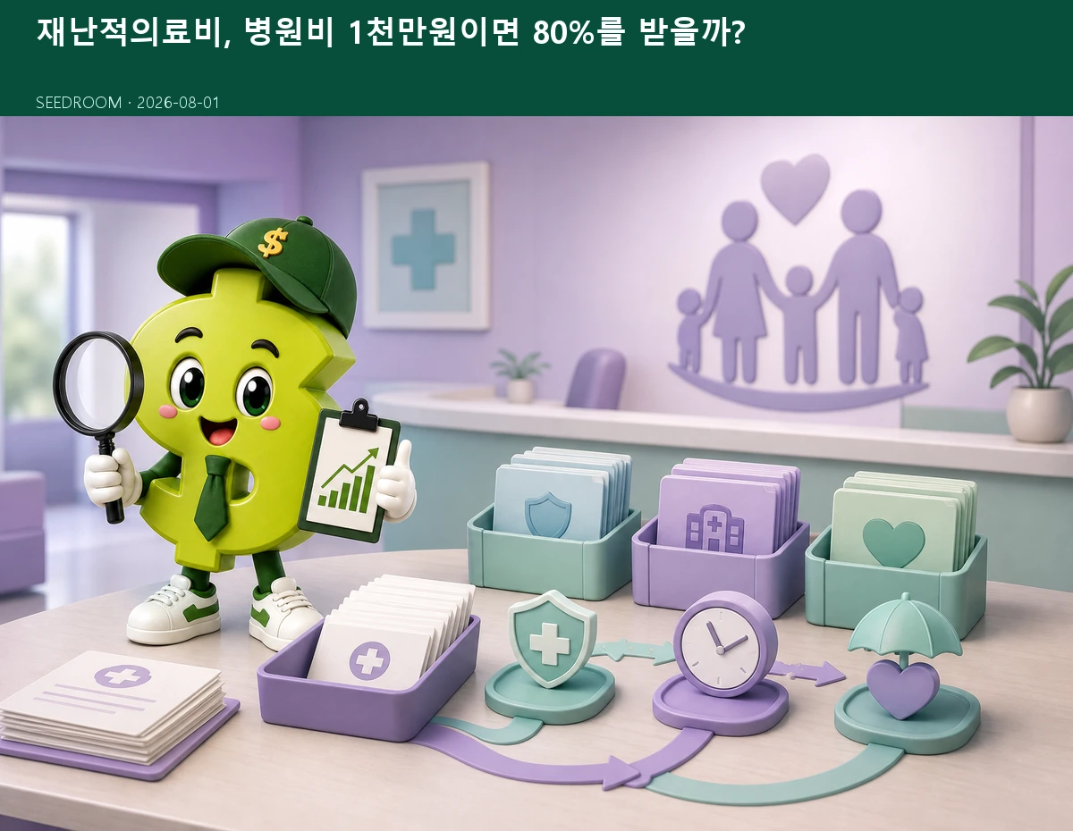 재난적의료비 신청서와 보험금 차감을 정리하는 시드룸 캐릭터