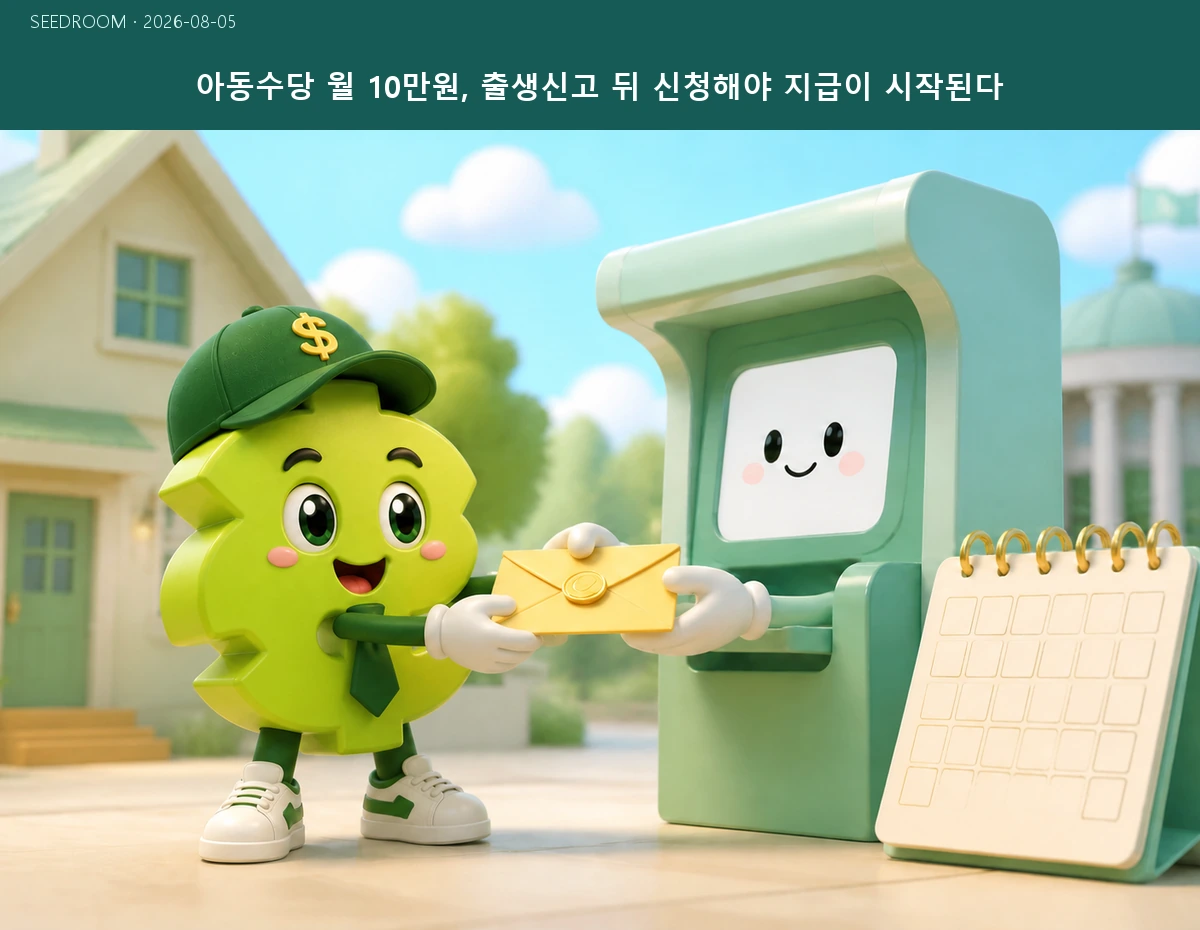 아동수당 신청서를 공공서비스 키오스크에 제출하는 SEEDROOM 캐릭터 대표 이미지