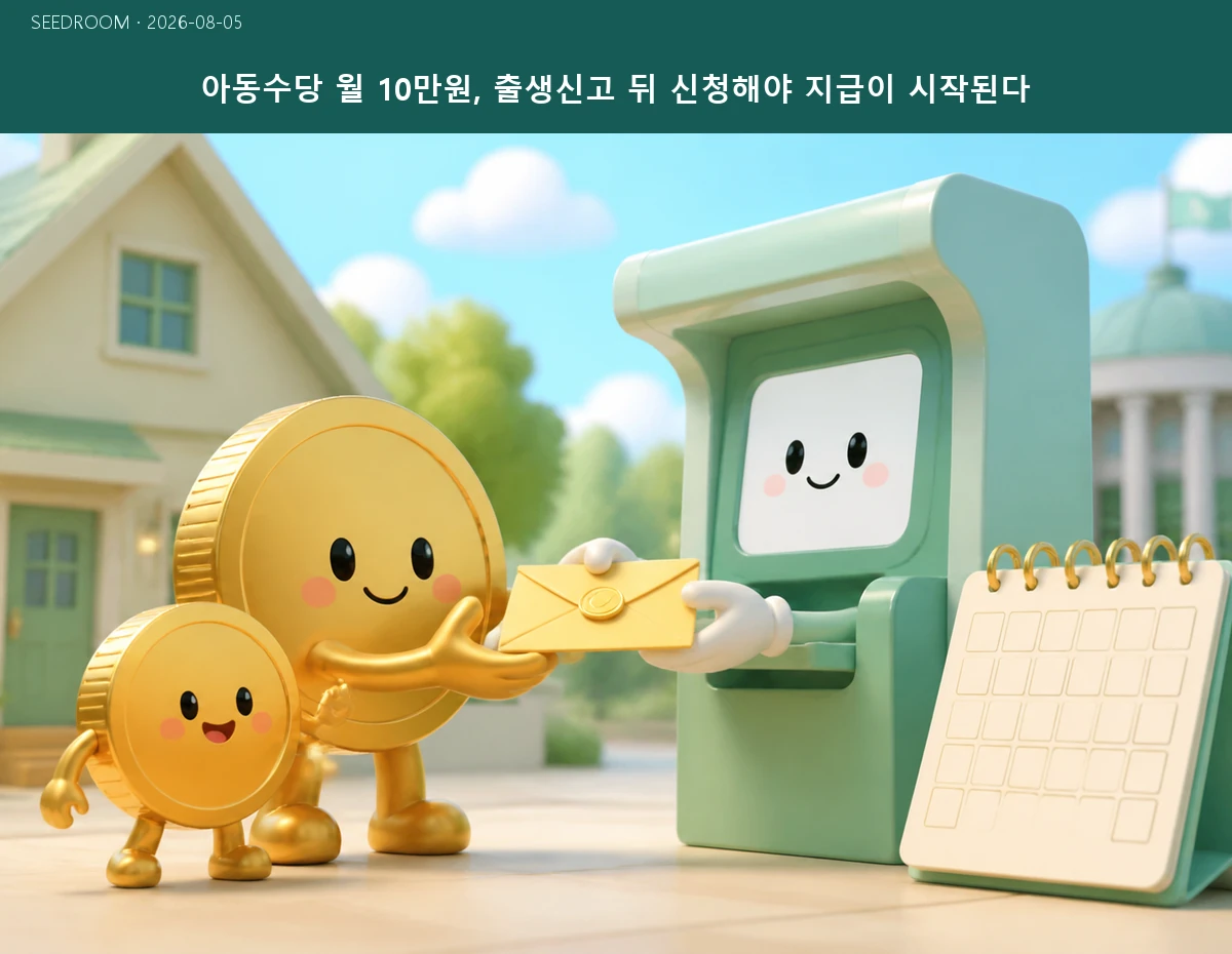 부모와 아이가 월별 아동수당을 받는 모습을 표현한 대표 이미지