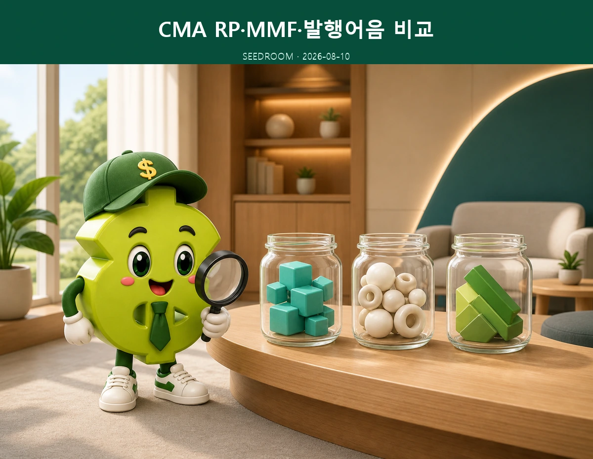 CMA 운용 유형 세 가지를 비교하는 SEEDROOM 달러 캐릭터