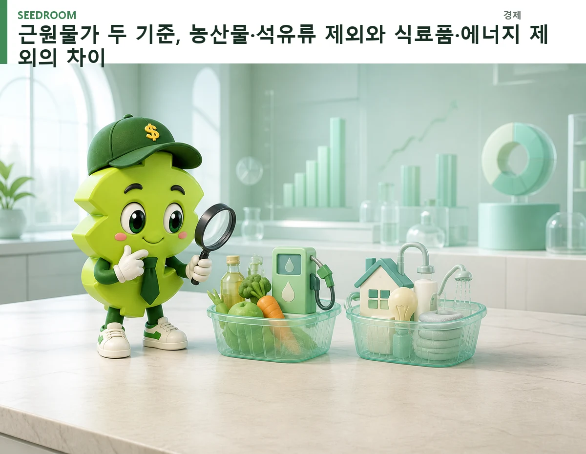 두 가지 근원물가 바구니를 비교하는 SEEDROOM 달러 캐릭터