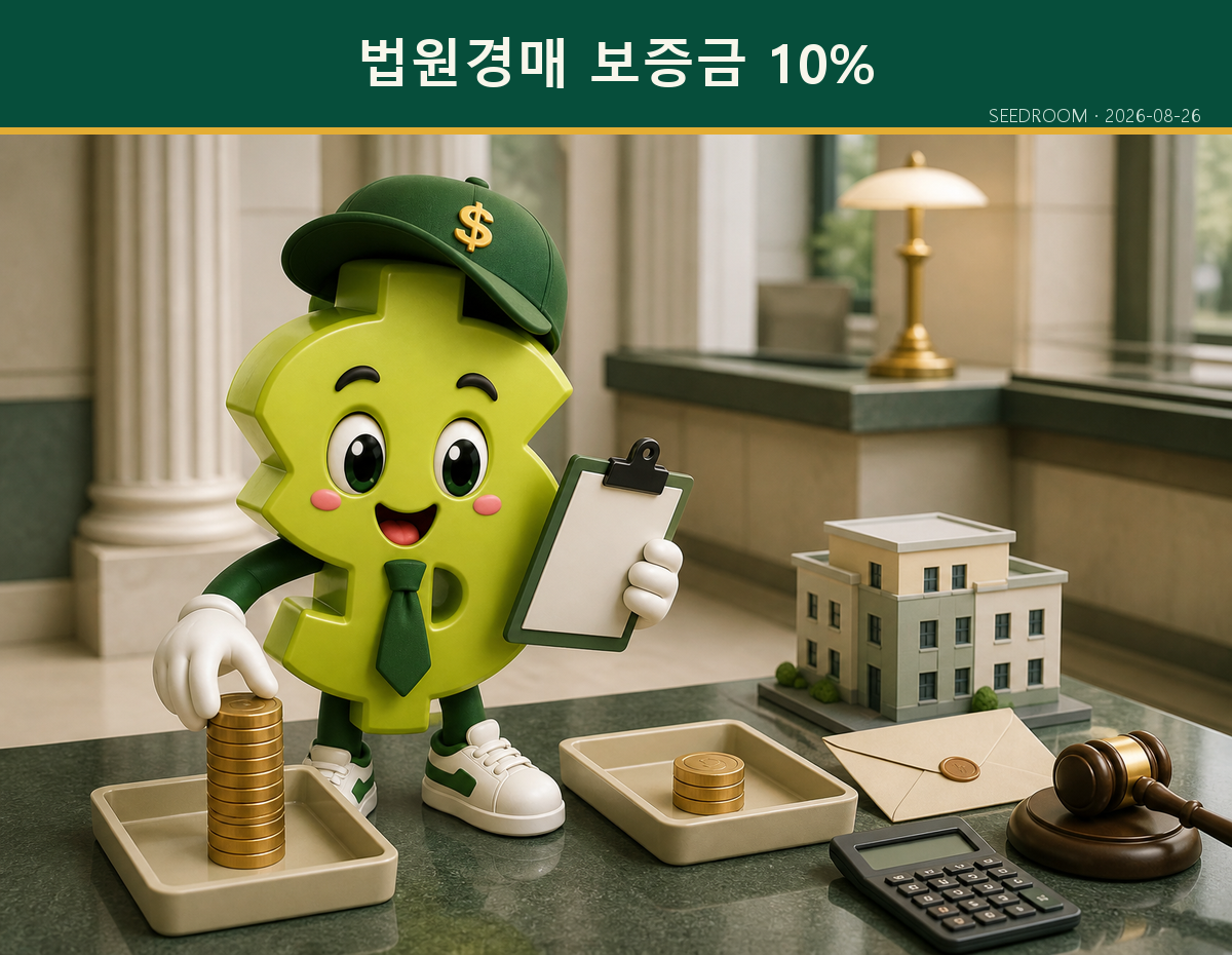 법원경매 입찰표와 보증금 봉투를 확인하는 SEEDROOM 달러 캐릭터