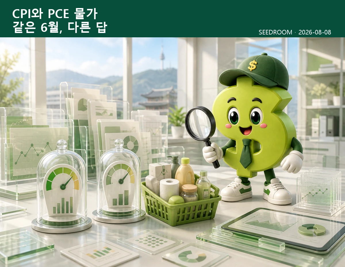 CPI와 PCE 물가의 차이를 비교하는 SEEDROOM 달러 캐릭터
