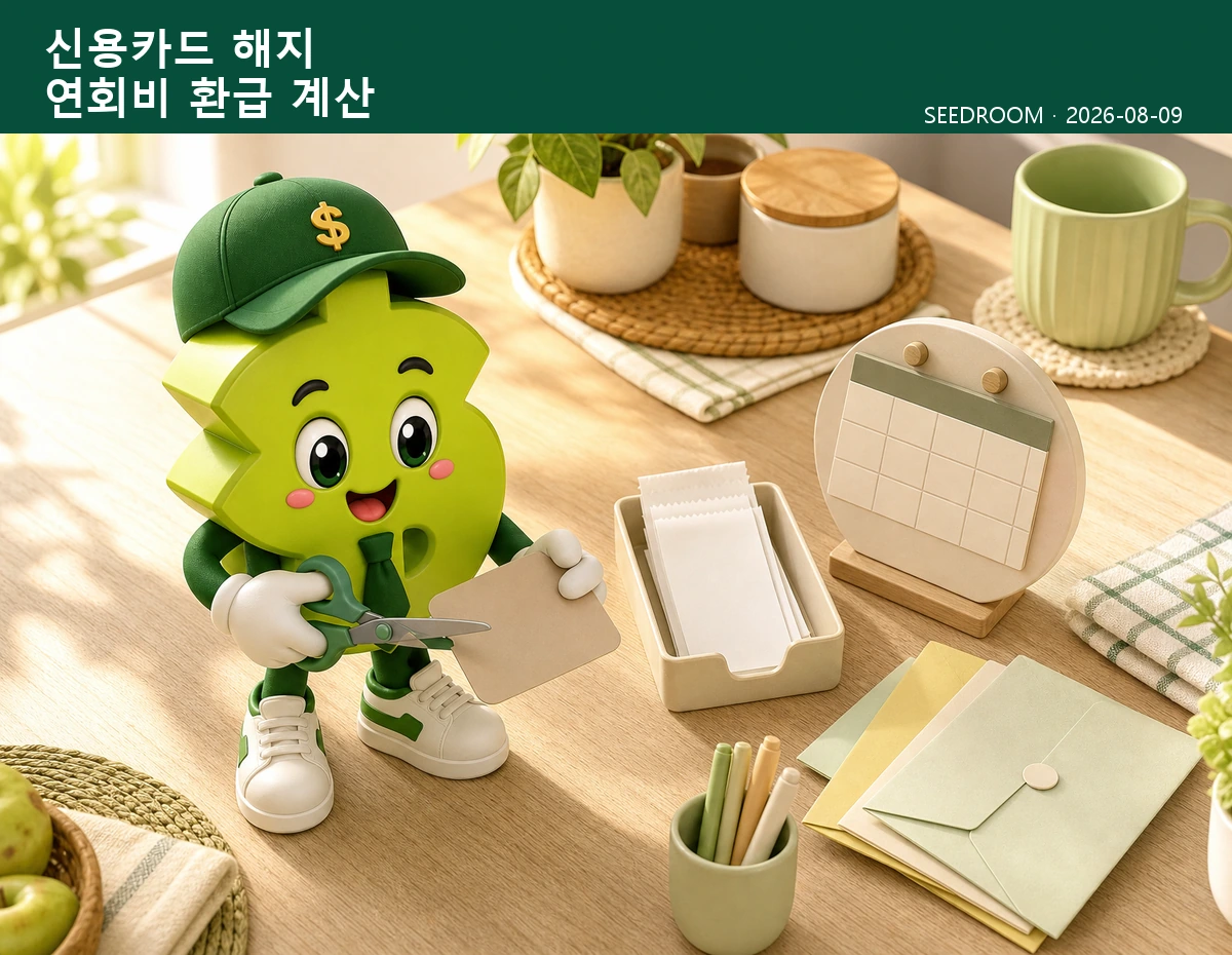 카드 해지와 연회비 환급을 계산하는 SEEDROOM 달러 캐릭터