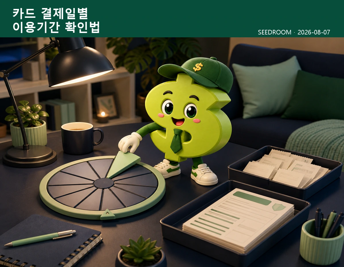 결제일별 카드 이용기간을 달력으로 확인하는 SEEDROOM 달러 캐릭터