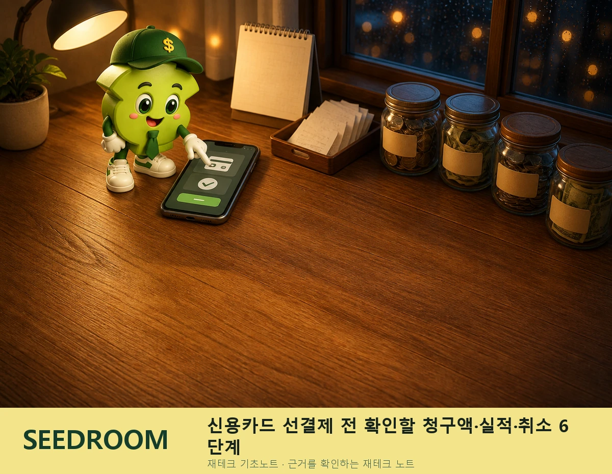 신용카드 선결제 절차를 확인하는 SEEDROOM 달러 캐릭터