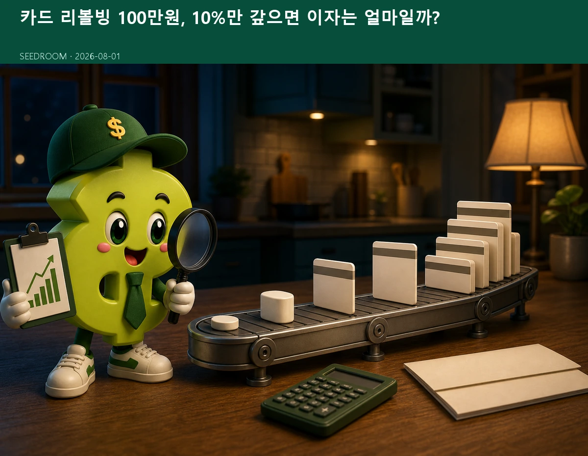 카드 리볼빙 잔액이 이어지는 구조를 살펴보는 시드룸 캐릭터