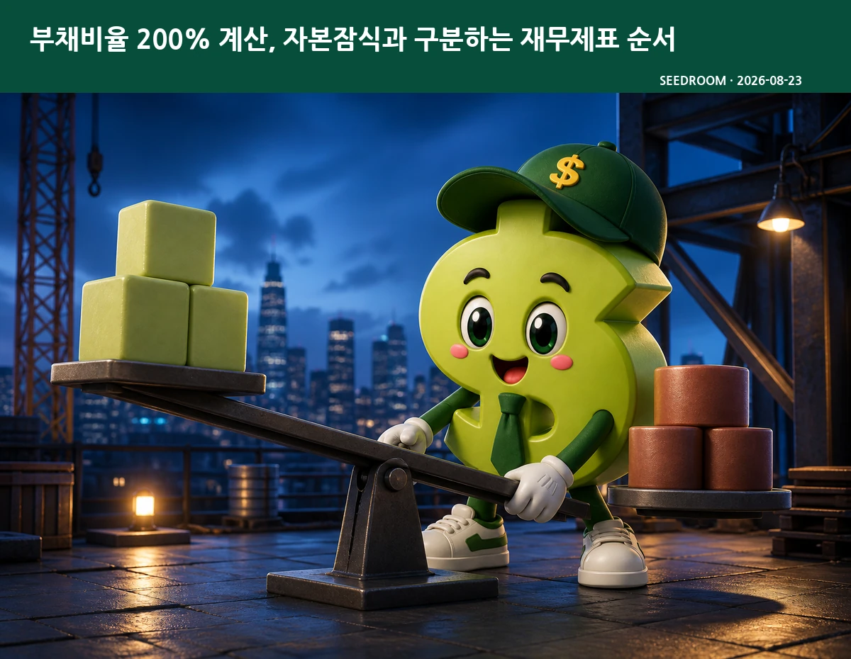 부채와 자본 블록의 균형을 잡는 SEEDROOM 달러 캐릭터