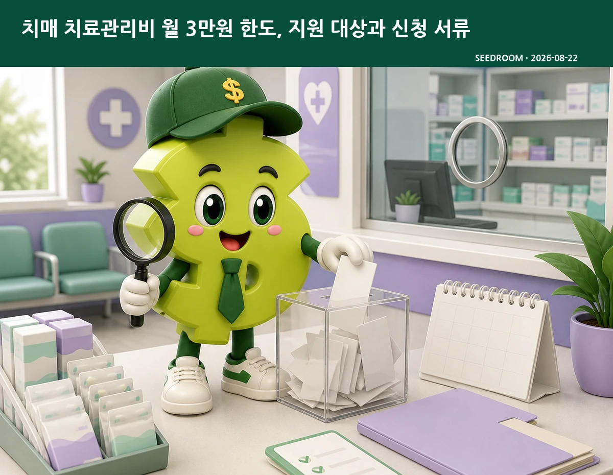 치매 치료관리비 영수증을 신청함에 넣는 SEEDROOM 달러 캐릭터