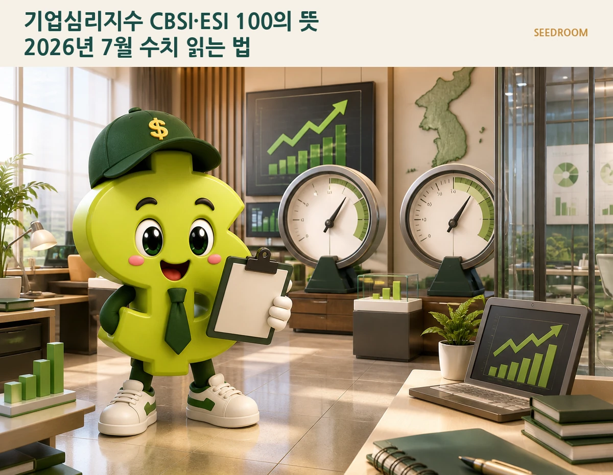 기업심리 게이지와 막대그래프를 비교하는 SEEDROOM 달러 캐릭터