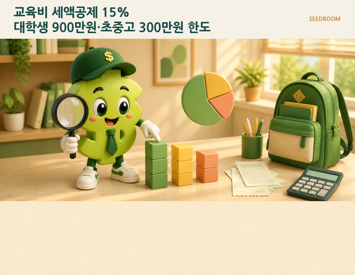 교육비 영수증과 계산기를 점검하는 SEEDROOM 달러 캐릭터