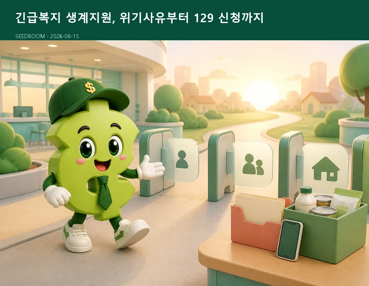 긴급복지 생계지원 신청 절차를 안내하는 SEEDROOM 달러 캐릭터