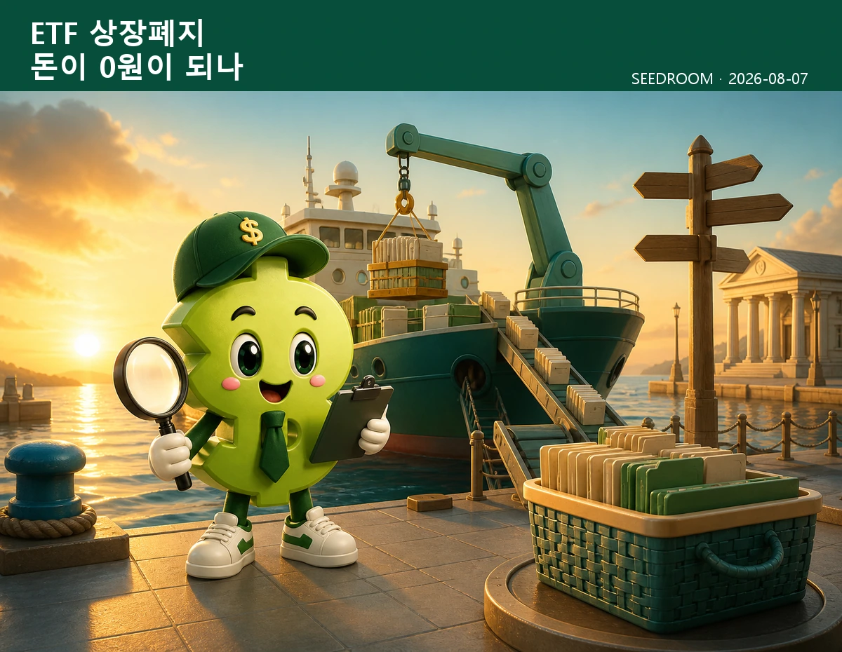 ETF 상장폐지 뒤 NAV 상환 절차를 살피는 SEEDROOM 달러 캐릭터