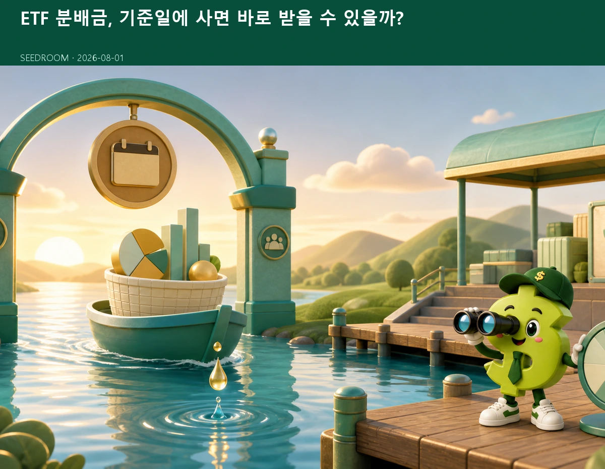 ETF 분배기준일과 분배락 흐름을 관찰하는 시드룸 캐릭터
