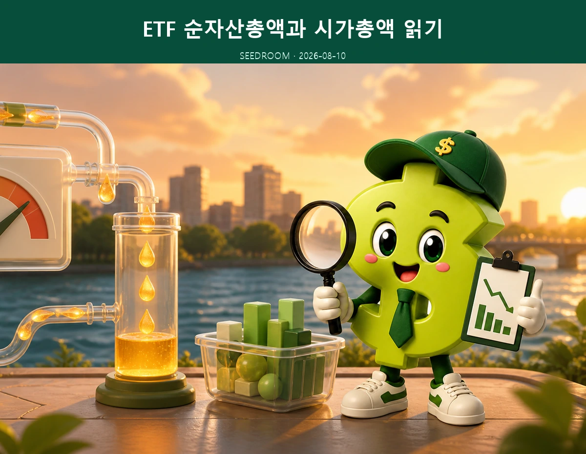 ETF 순자산총액과 시가총액을 비교하는 SEEDROOM 달러 캐릭터