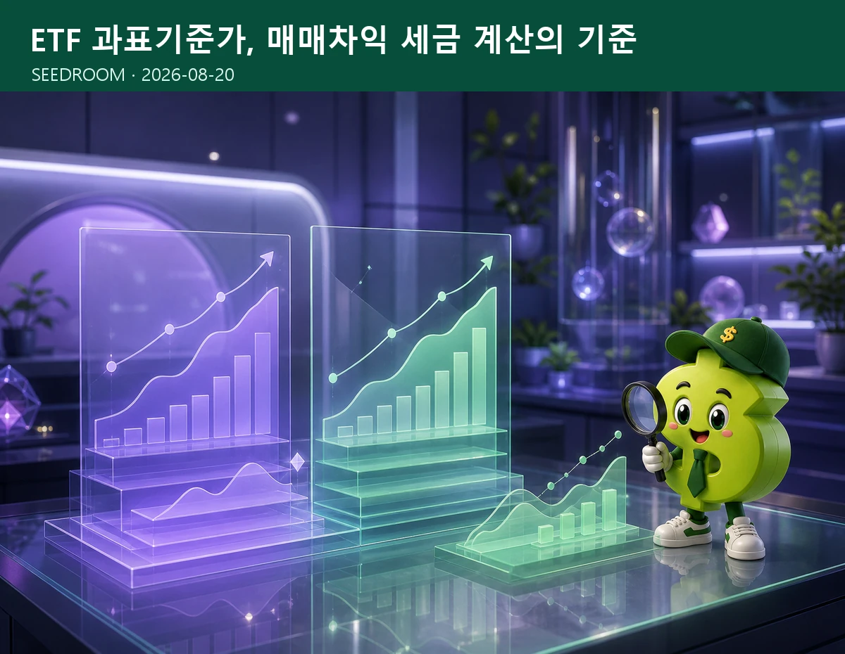 투명한 ETF 가치 층과 과세 기준을 비교하는 SEEDROOM 달러 캐릭터